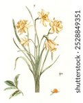 Five daffodils by Johan Teyler. Vintage Five daffodils art drawing illustration, old Five daffodils painting art print. Vintage botanical five daffodils flower illustration. Botanical flower