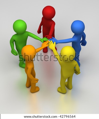 Five different coloured 3D rendered figures in a circle join hands at the center as sign or teamwork and cooperation