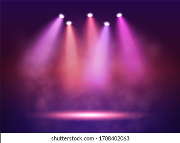 Five Different Spotlight On Stage For Your Design. Colorful Light.  Illustration. Raster Version.