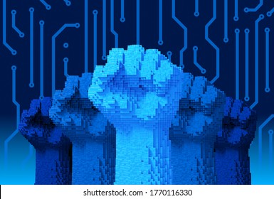 Five Fists Upwards Consisting Of 3D Pixels. Concept Of Technology Revolution. 3D Illustration.