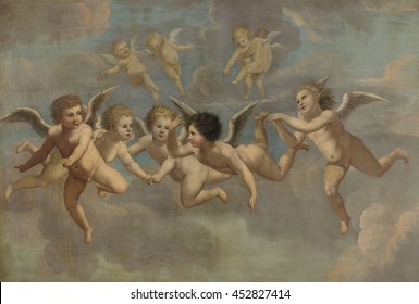 Five Flying Putti, by Anonymous artist, c. 1650, European painting. Formerly part of a ceiling fresco. Putti represent non-religious passions, unlike the similar looking, Biblical cherubs