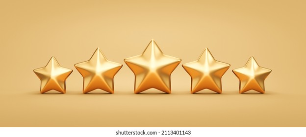 Five Gold Rating Star Symbol Of Customer Satisfaction Review Service Best Quality Ranking Icon Or Shiny Feedback Success Sign Award And Product Evaluation Rate On Golden 3d Background With Excellent.