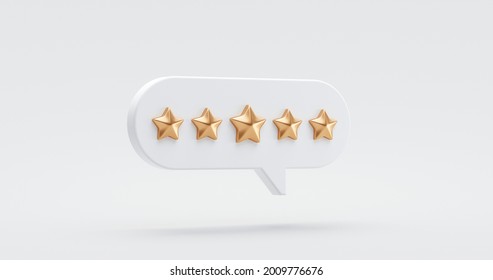Five gold star rate review customer experience quality service excellent feedback concept on best rating satisfaction background with flat design ranking icon symbol. 3D rendering.