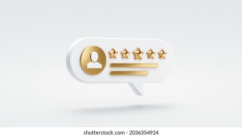 Five gold star rate review customer experience quality service excellent feedback concept on best rating satisfaction background with flat design ranking icon symbol. 3D rendering.