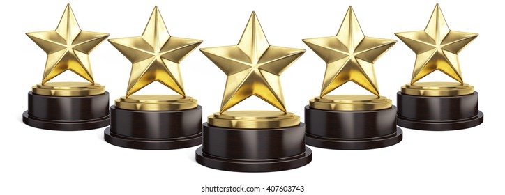 Five Gold Stars Trophy Award Isolated On White. 3d Rendering