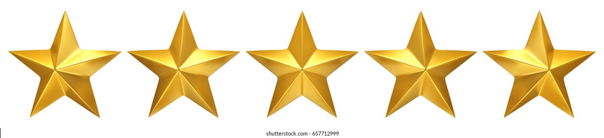 Five golden stars, best rating - 3d render