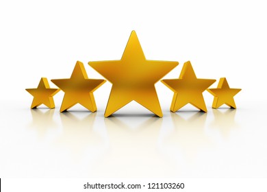 Five golden stars over white background with reflections representing excellence