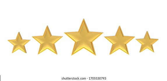 Five golden stars. Golden five star review or rating. 3D illustration.