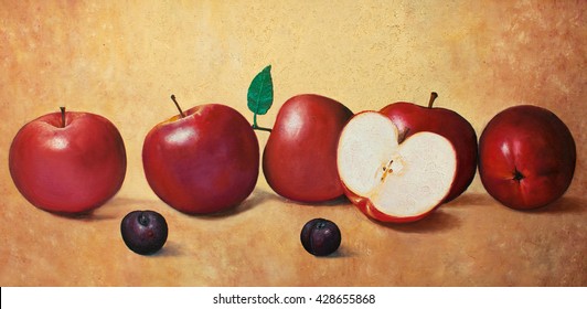 five   half apples   two plums original oil painting canvas  amazing still life inspiration  