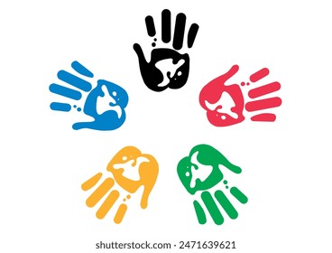 Five Hand print isolated on white background. Color child handprint. Creative paint hands prints. Happy childhood design. Artistic kids stamp, bright human fingers and palm Vector illustration