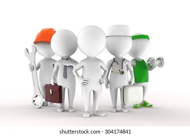 Five isolated men on white background
