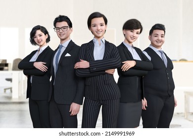 Five Male And Female Office Workers Stand Side By Side Smiling.3D Illustration 3D Rendering