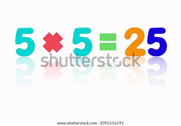Five multiply five equals twenty five\
(5x5=25) Image of simple math addition operation for kids math\
operation to enhance brain skills. (Plus, minus, multiply, divide)\
Isolated on white\
background.