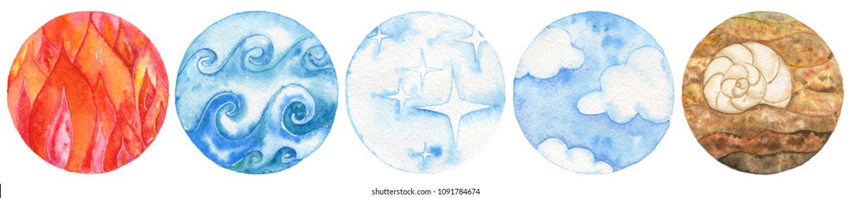 Five natural elements: fire, water, ether, air and earth. Watercolor illustration set.