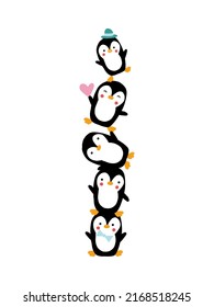 Fünf Pinguine stapelten sich