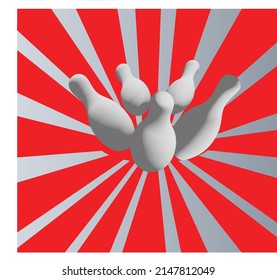 Five Pin Bowling Strike Illustration. White Pins, Red And Grey Background Comic Style