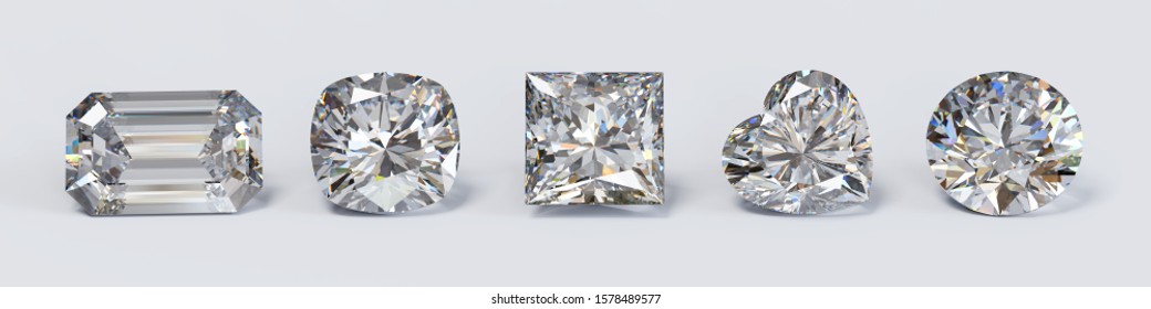 Five popular diamond cut styles on white background. 3D illustration