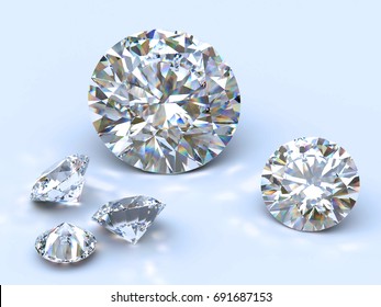 Five round brilliant cut diamonds laying on light-blue background. Close-up view, various sizes and angles. 3D rendering illustration.