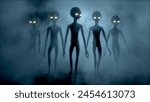 Five scary gray aliens walk and look blinking on a dark smoky background. UFO futuristic concept. 3D rendering Not AI.