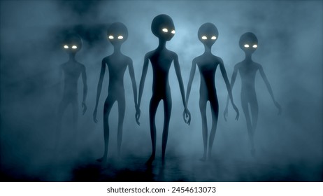 Cinco aterradores extraterrestres grises caminan y miran parpadeando sobre un fondo oscuro y ahumado. OVNI concepto futurista. Renderizado 3D No AI.