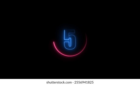 five seconds countdown neon glowing royal blue color 4k illustration on black background. loading magenta red color 4k illustration.