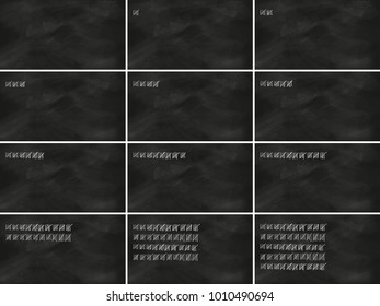 Five Series Tally Sheet Chalk Lettering Jotted On A Black Vintage Chalkboard, 12 Charts Combined With Different Numbers As 0, 5, 10, 15, 20, 25, 30, 40, 50, 100, 200, 250; Wide Copy Space No People