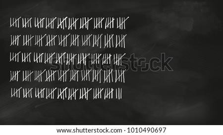 Five series tally sheet chalk lettering with 248 lines jotted on a black vintage chalkboard; wide copy space with no people