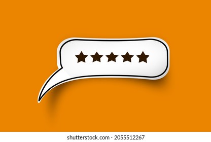 Five Star In Horizontal Speech Bubble On Orange Background. 5 Stars Rating and Customer Review concept. Paper Speech bubble with 3d Drop shadow	3d illustration 
