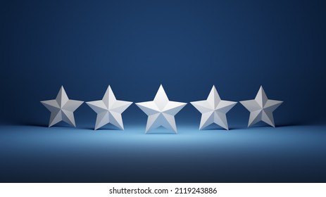 Five stars aligned in a row on the stage with blue background Five star rating show concept 3D render.