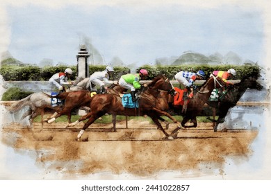 Five thoroughbred horses race past the finish line on a dirt track at Churchill Downs - Powered by Shutterstock