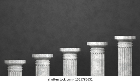 Five white marble pillars on black background lead upstairs (3D Rendering)
