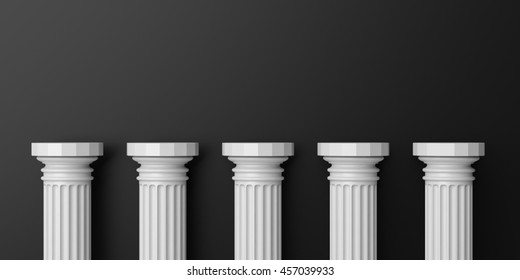 Five White Marble Pillars On Black Background. 3d Illustration