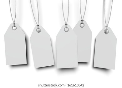 five white tags with shadow on white background