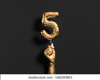 Five year birthday. Golden hand holding Number 5 foil balloon.  Five-year anniversary background. 3d rendering