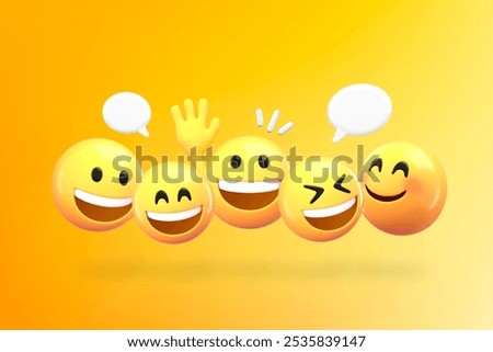 Five yellow smiley faces with various expressions and speech bubbles on a bright yellow background. Happy emojis, cheerful emojis, expressive emojis background with copy space.