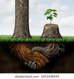 Fix a Broken relationship and reviving a dead partnership with two trees with roots as a business handshake with one tree cut down recovering  with new growth with 3D illustration elements.