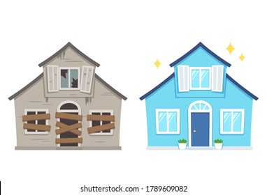 Fixer Upper Home Renovation Before And After. Old Run-down House Remodeled Into Cute Traditional Suburban Cottage. Isolated Illustration, Flat Cartoon Style.