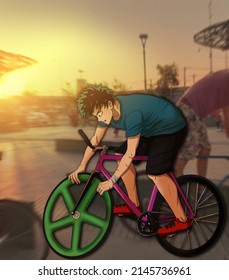 Fixie boy doing some Trackstand with sunset 
