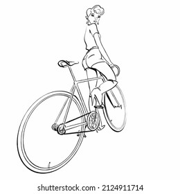 Fixie pin up line drawing. Fashion illustration of a young woman in hot pants and high boots posing on a fixed gear bicycle.