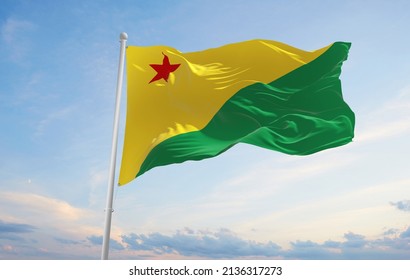 flag of Acre , Brazil at cloudy sky background on sunset, panoramic view. Brazilian travel and patriot concept. copy space for wide banner. 3d illustration