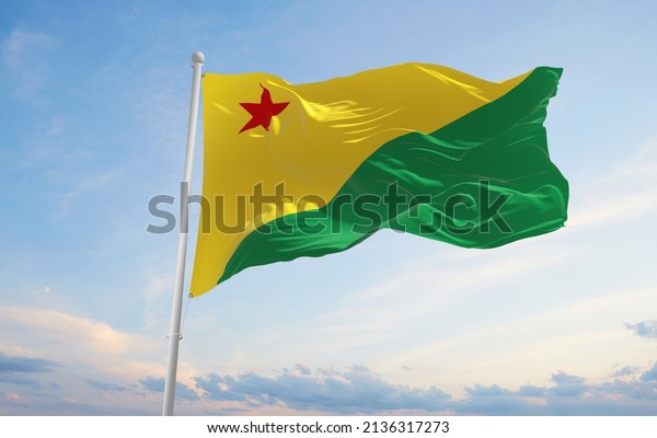 flag of Acre , Brazil at cloudy\
sky background on sunset, panoramic view. Brazilian travel and\
patriot concept. copy space for wide banner. 3d\
illustration