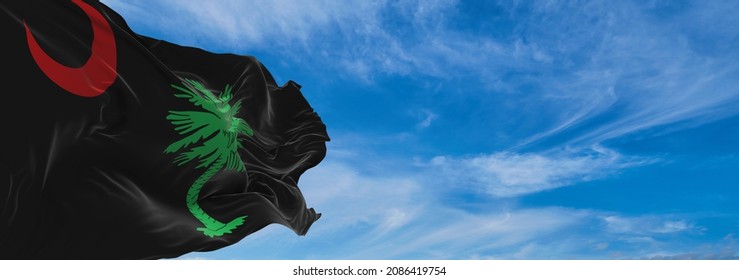 Flag Of African Americans Of South Carolina State, Untied States Of America At Cloudy Sky Background On Sunset, Panoramic View. Copy Space For Wide Banner. 3d Illustration