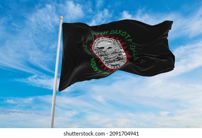 Flag Of African Americans Of South Dakota State, Untied States Of America At Cloudy Sky Background On Sunset, Panoramic View. Copy Space For Wide Banner. 3d Illustration