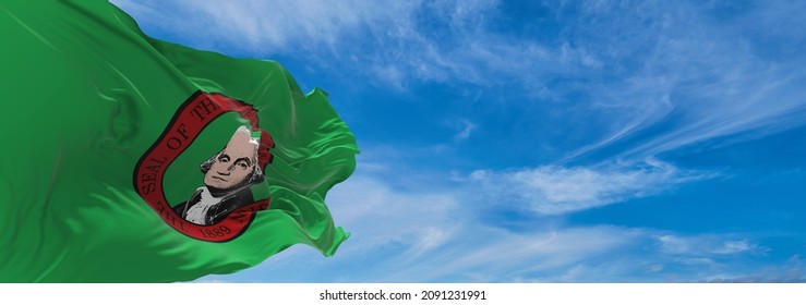 flag of African Americans of Washington state, untied states of America at cloudy sky background on sunset, panoramic view. copy space for wide banner. 3d illustration
