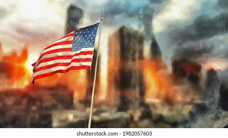 Flag Of America Against The Backdrop Of The Apocalyptic City. Artistic Work