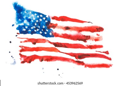 Flag Of America, Hand Drawn Watercolor Illustration