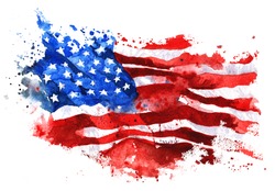Flagge Amerikas, Handgezeichnet Aquarell Auf Weißem Hintergrund