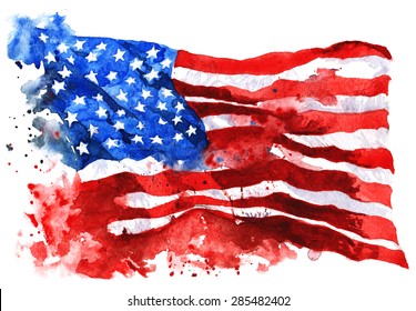 Flag Of America, Hand-drawn Watercolor On White Background