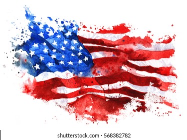 Flag Of America, Hand-drawn Watercolor On White Background