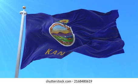 Flag of american state of Kansas, region of the United States, waving at wind. 3d rendering